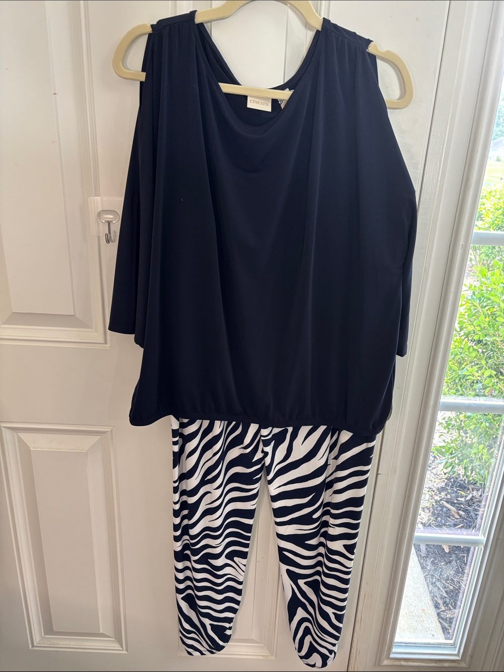 Chico's Black Drape Top with Ink & White Zebra Ankle Pants Chico’s Size 2=Medium